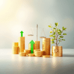 O scenă realistă cu monede de aur, săgeți verzi, o balanță echilibrată și un copac în creștere, simbolizând acumularea averii, progresul financiar,...