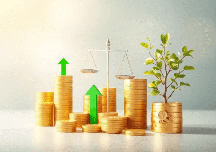 O scenă realistă cu monede de aur, săgeți verzi, o balanță echilibrată și un copac în creștere, simbolizând acumularea averii, progresul financiar,...
