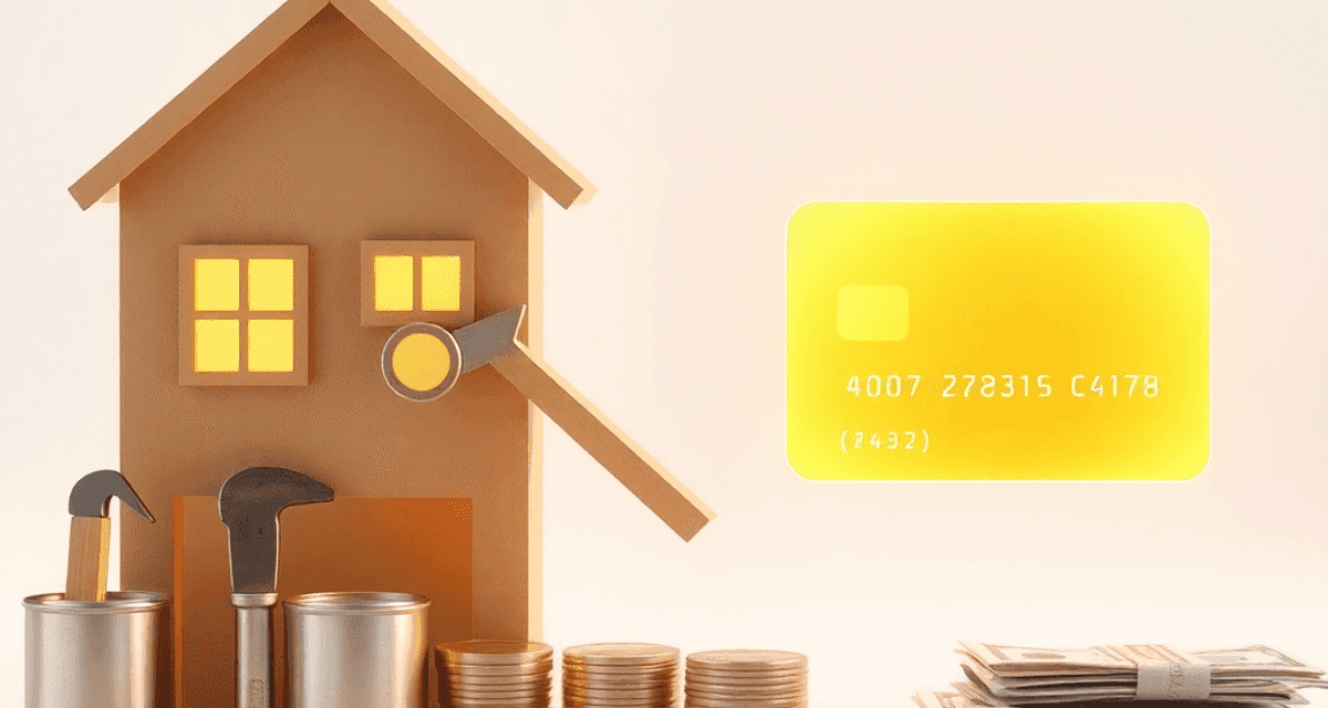 O scenă realistă cu unelte de renovare a locuinței, un card de credit strălucitor și stive abstracte de monede și bancnote, pe un fundal neutru și ...