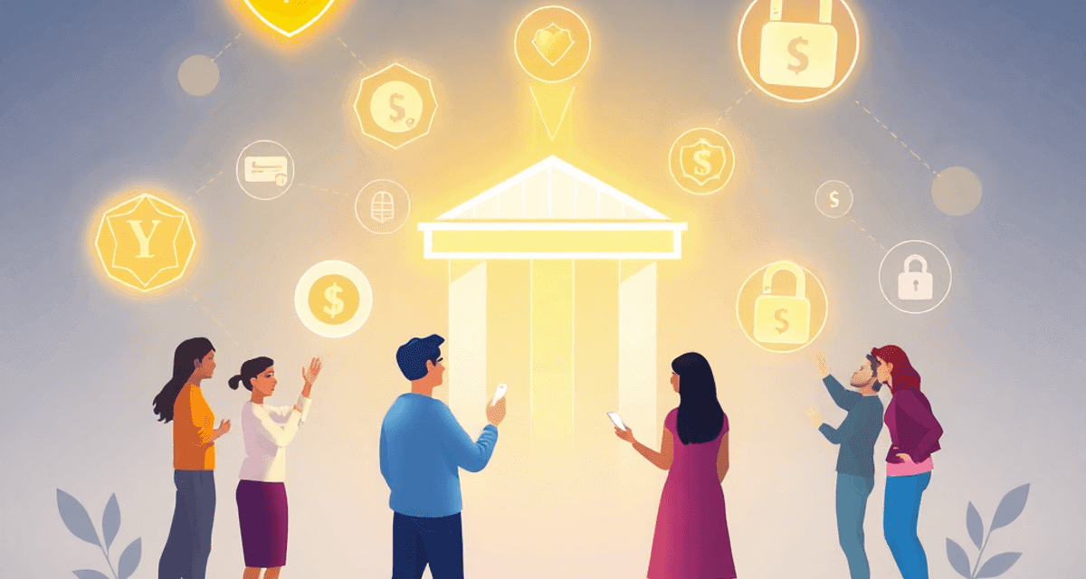 Oameni care interacționează cu pictograme digitale luminoase pentru transferuri de bani, economii și siguranță, pe un fundal modern și curat, evide...