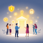 Oameni care interacționează cu pictograme digitale luminoase pentru transferuri de bani, economii și siguranță, pe un fundal modern și curat, evide...