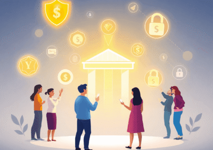 Oameni care interacționează cu pictograme digitale luminoase pentru transferuri de bani, economii și siguranță, pe un fundal modern și curat, evide...