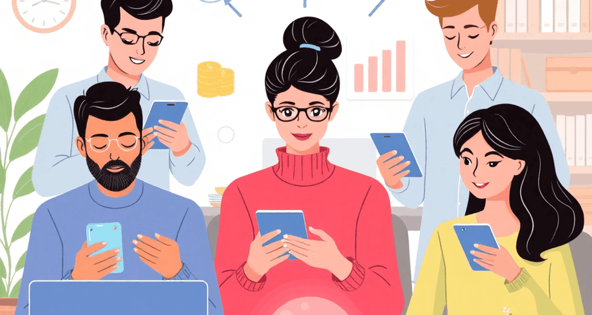 Oameni folosind smartphone-uri și laptopuri pentru servicii bancare digitale, înconjurați de icoane cu pușculițe, monede, săgeți de creștere și gra...