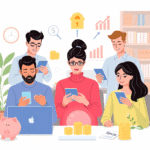 Oameni folosind smartphone-uri și laptopuri pentru servicii bancare digitale, înconjurați de icoane cu pușculițe, monede, săgeți de creștere și gra...