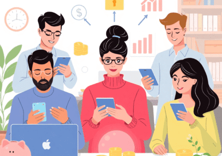 Oameni folosind smartphone-uri și laptopuri pentru servicii bancare digitale, înconjurați de icoane cu pușculițe, monede, săgeți de creștere și gra...