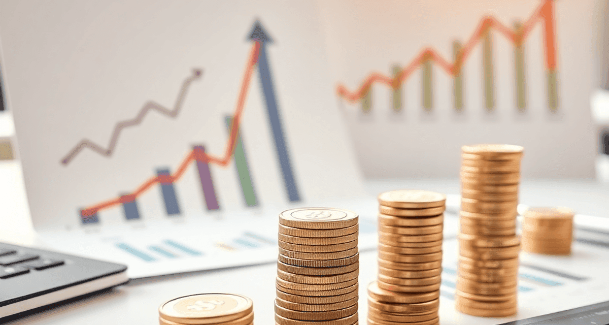 Prim-plan al biroului unui analist financiar, cu grafice ce evidențiază tendințele dividendelor, săgeți orientate în sus, monede suprapuse și o lum...