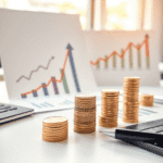 Prim-plan al biroului unui analist financiar, cu grafice ce evidențiază tendințele dividendelor, săgeți orientate în sus, monede suprapuse și o lum...