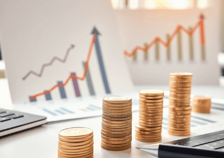 Prim-plan al biroului unui analist financiar, cu grafice ce evidențiază tendințele dividendelor, săgeți orientate în sus, monede suprapuse și o lum...