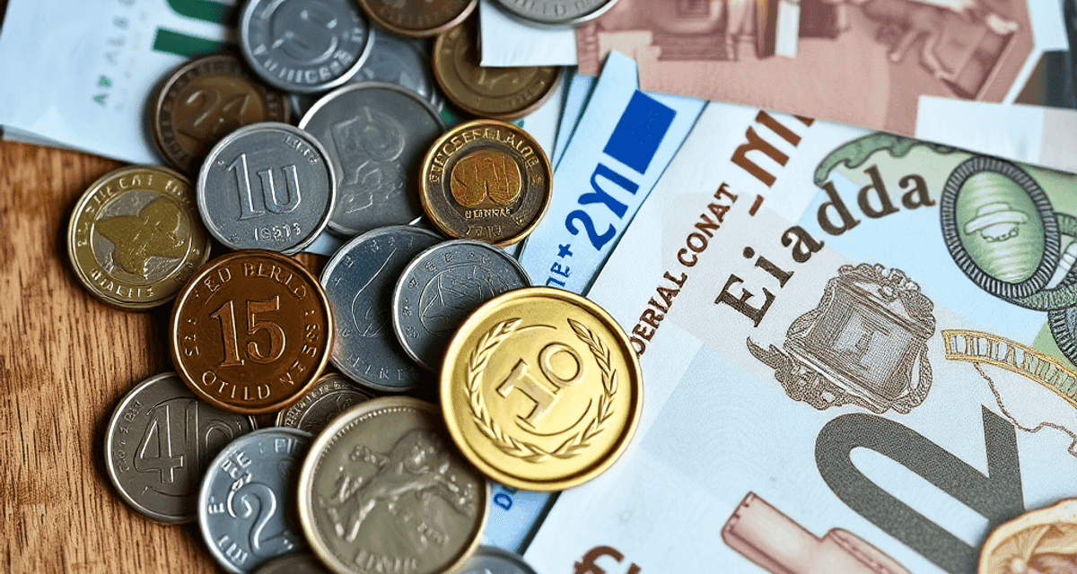 Diferența dintre valută și monedă Prim-plan cu monede și bancnote internaționale diverse, aranjate artistic pe o suprafață de lemn, simbolizând moneda și schimbul valutar.
