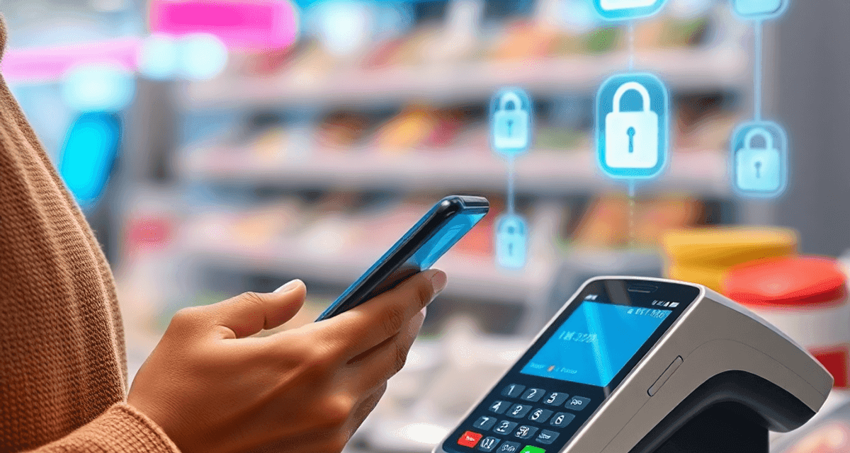 Ce înseamnă o plată electronică Prim-plan cu o persoană care ține un smartphone lângă un cititor de carduri contactless, pe fundal apărând icoane luminoase ce simbolizează plata d...