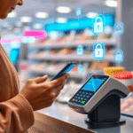Prim-plan cu o persoană care ține un smartphone lângă un cititor de carduri contactless, pe fundal apărând icoane luminoase ce simbolizează plata d...