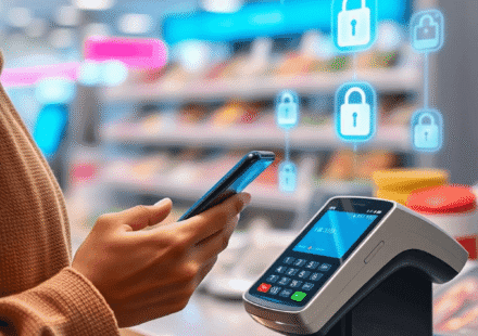 Prim-plan cu o persoană care ține un smartphone lângă un cititor de carduri contactless, pe fundal apărând icoane luminoase ce simbolizează plata d...