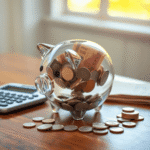 Prim-plan cu o pușculiță transparentă din sticlă, plină cu monede și bancnote, așezată lângă un calculator și câteva monede răspândite pe o masă de...
