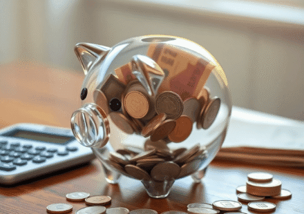 Prim-plan cu o pușculiță transparentă din sticlă, plină cu monede și bancnote, așezată lângă un calculator și câteva monede răspândite pe o masă de...