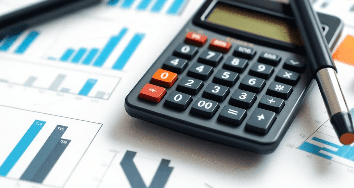 Prim-plan cu un calculator, documente financiare cu grafice și un pix pe un birou luminos și profesional, simbolizând finanțele de afaceri și calcu...