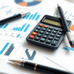 Prim-plan cu un calculator, documente financiare cu grafice și un pix pe un birou luminos și profesional, simbolizând finanțele de afaceri și calcu...