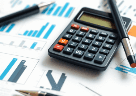Prim-plan cu un calculator, documente financiare cu grafice și un pix pe un birou luminos și profesional, simbolizând finanțele de afaceri și calcu...