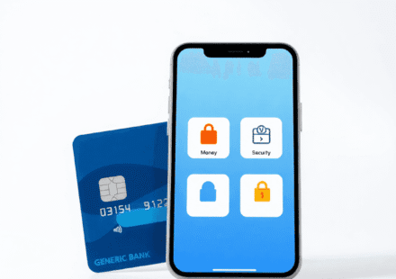Prim-plan cu un card bancar și un smartphone care afișează o interfață simplificată a unei aplicații bancare, cu pictograme pentru transfer de bani...