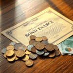 Prim-plan cu un certificat de obligațiuni auriu, înconjurat de monede și bancnote euro răspândite pe o masă de lemn, luminată delicat de lumina nat...