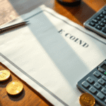 Prim-plan cu un certificat de obligațiuni embosat, cu filigran, monede aurii și un calculator așezate pe un birou din lemn, scăldate în lumină natu...