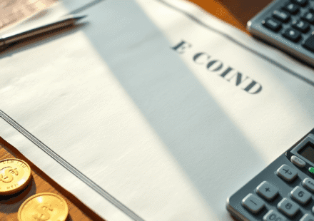 Prim-plan cu un certificat de obligațiuni embosat, cu filigran, monede aurii și un calculator așezate pe un birou din lemn, scăldate în lumină natu...