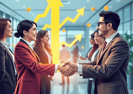 Profesioniști care colaborează și își strâng mâinile într-un birou modern, înconjurați de săgeți, trasee și monede strălucitoare ce simbolizează cr...
