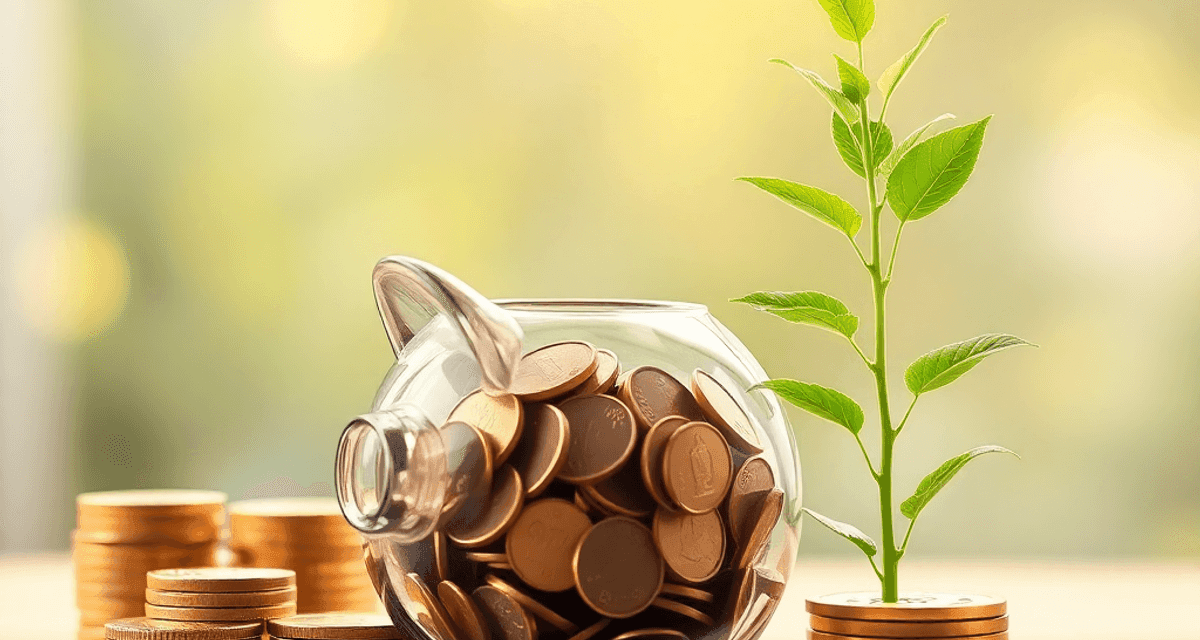 Pușculiță transparentă din sticlă cu monede, teancuri de monede aurii și o plantă verde care crește, pe un fundal cald, ușor estompat, simbolizând ...