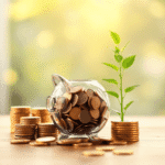 Pușculiță transparentă din sticlă cu monede, teancuri de monede aurii și o plantă verde care crește, pe un fundal cald, ușor estompat, simbolizând ...