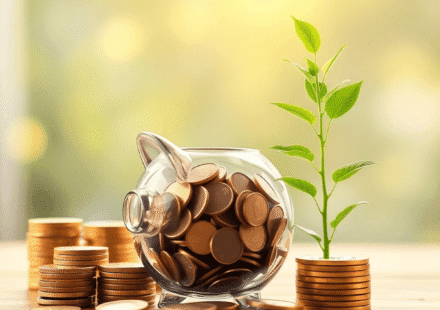 Pușculiță transparentă din sticlă cu monede, teancuri de monede aurii și o plantă verde care crește, pe un fundal cald, ușor estompat, simbolizând ...
