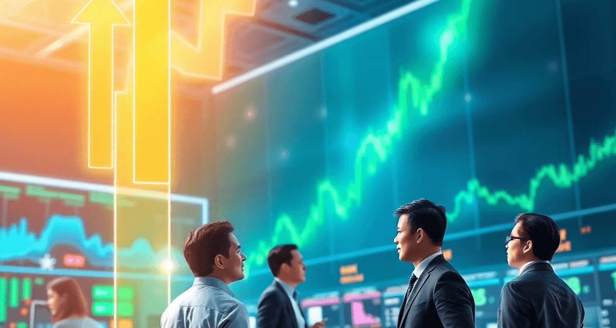 Săgeți abstracte luminoase și grafice cresc într-o scenă digitală de bursă, unde investitorii discută, înconjurați de platforme electronice și graf...