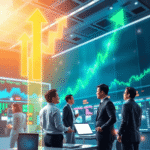Săgeți abstracte luminoase și grafice cresc într-o scenă digitală de bursă, unde investitorii discută, înconjurați de platforme electronice și graf...