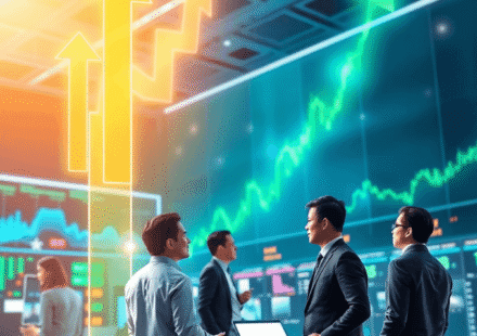 Săgeți abstracte luminoase și grafice cresc într-o scenă digitală de bursă, unde investitorii discută, înconjurați de platforme electronice și graf...
