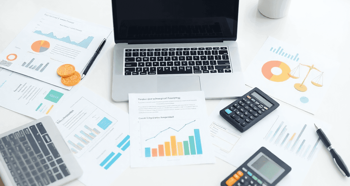 Ce este contabilitatea și de ce este importantă Spațiu de lucru luminos și ordonat, cu laptop, calculator, documente financiare bine organizate și pictograme abstracte discrete reprezentând fluxu...