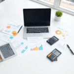 Spațiu de lucru luminos și ordonat, cu laptop, calculator, documente financiare bine organizate și pictograme abstracte discrete reprezentând fluxu...