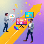 Trei profesioniști într-un birou plin de viață: un strateg analizează grafice, reclame digitale creative sunt afișate, iar un reprezentant de vânză...
