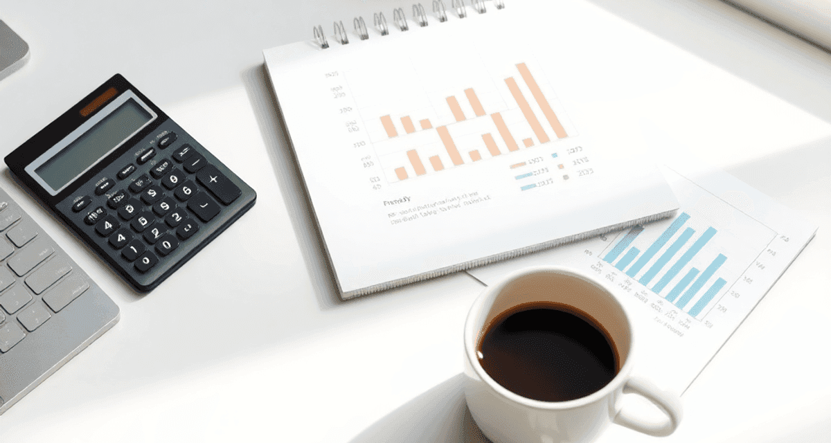 Un birou minimalist, cu un calculator, un carnet de notițe pe care sunt schițate grafice financiare abstracte și o ceașcă de cafea, toate așezate s...