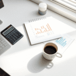 Un birou minimalist, cu un calculator, un carnet de notițe pe care sunt schițate grafice financiare abstracte și o ceașcă de cafea, toate așezate s...