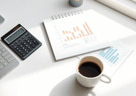 Un birou minimalist, cu un calculator, un carnet de notițe pe care sunt schițate grafice financiare abstracte și o ceașcă de cafea, toate așezate s...