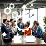 Un grup de profesioniști colaborează într-un birou modern, înconjurați de simboluri abstracte ale muncii în echipă, precum roți dințate, săgeți și ...
