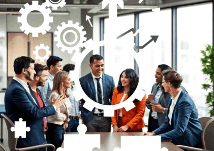 Un grup de profesioniști colaborează într-un birou modern, înconjurați de simboluri abstracte ale muncii în echipă, precum roți dințate, săgeți și ...