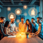 Un grup de profesioniști colaborează la o masă, deasupra cărora plutesc icoane luminoase ce simbolizează abilități, cunoștințe, sănătate și dezvolt...