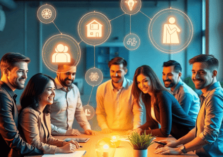 Un grup de profesioniști colaborează la o masă, deasupra cărora plutesc icoane luminoase ce simbolizează abilități, cunoștințe, sănătate și dezvolt...