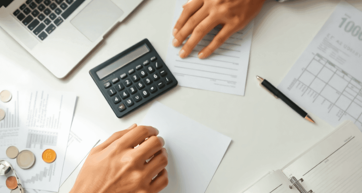 Ce este o evidență contabilă Un spațiu de lucru ordonat, cu un laptop, un calculator, documente financiare, monede, un pix și un registru deschis; mâini care examinează hârtii ...