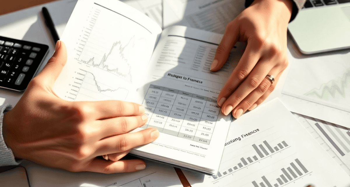 Un spațiu de lucru profesional, cu documente financiare, registru deschis, calculator, laptop și mâini care lucrează la bugetare sub o lumină natur...