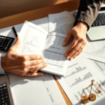 Un spațiu de lucru profesional, cu documente financiare, registru deschis, calculator, laptop și mâini care lucrează la bugetare sub o lumină natur...