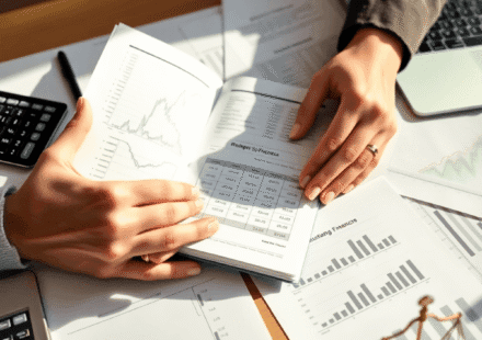 Un spațiu de lucru profesional, cu documente financiare, registru deschis, calculator, laptop și mâini care lucrează la bugetare sub o lumină natur...